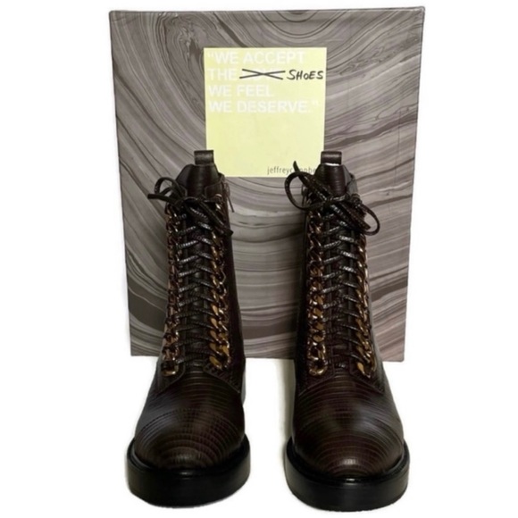JEFFREY CAMPBELL Size 7 Damon Snakeskin Embossed Brown Lizard Gold Combat Boot - Picture 1 of 12